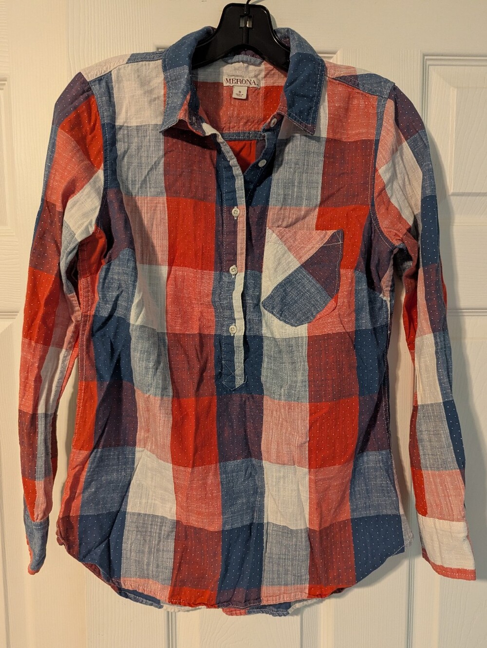 Red, White & Blue Dotted Plaid 100% Cotton Shirt